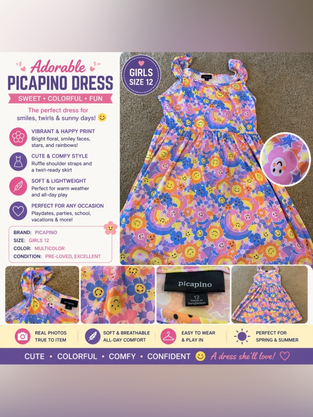 Picapino Girls' Colorful Rainbow Smile Dress - Size 12